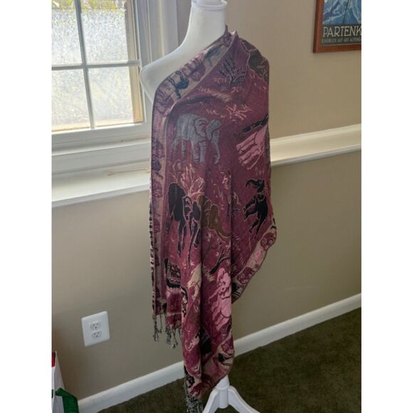100% Cashmere Scarf Elephant Botanical Jacquard Purple Tan Reversible Fringe - Picture 6 of 7